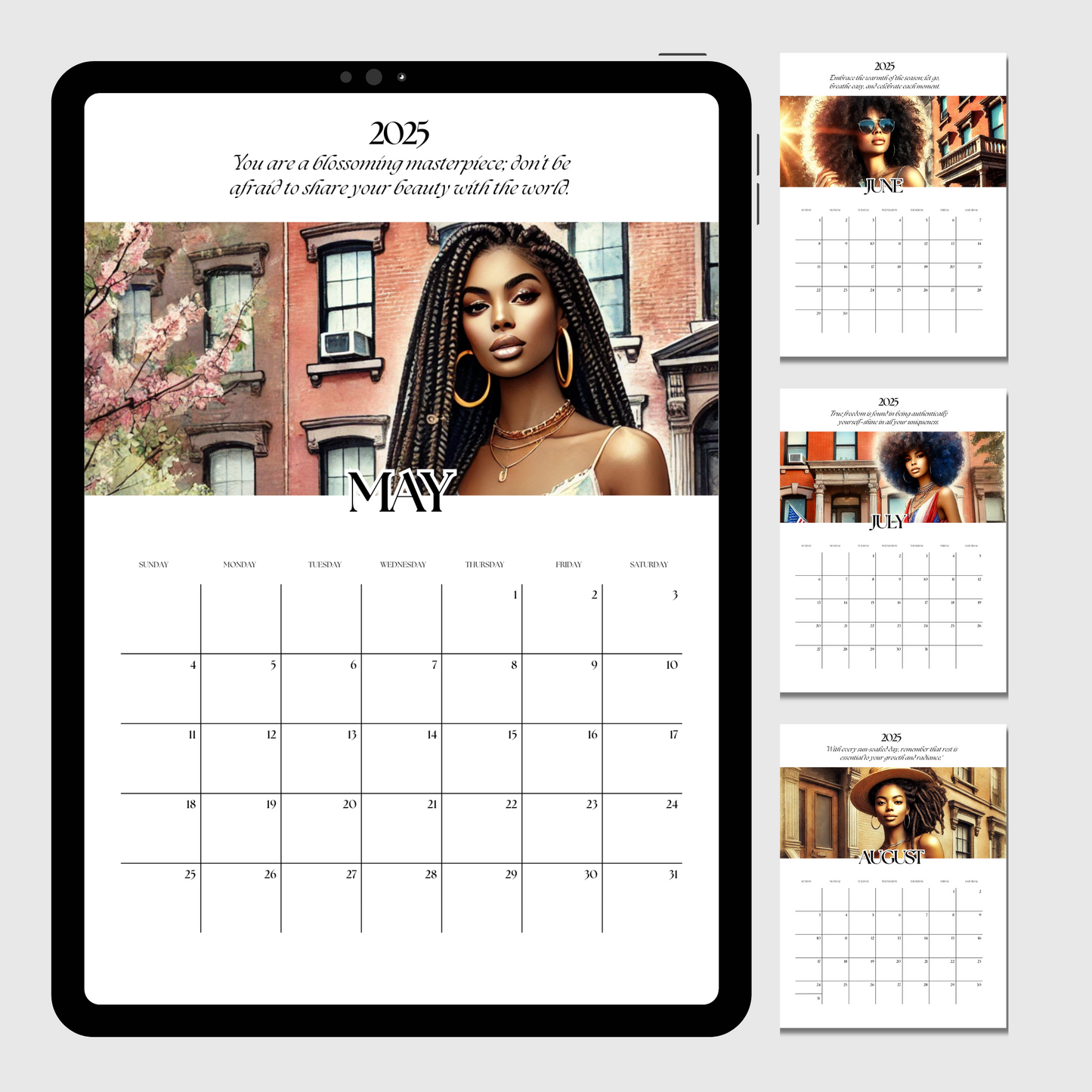 Empowering 12-Month Printable Calendar Featuring African American Women - Inspiring Quotes & Art for Every Season