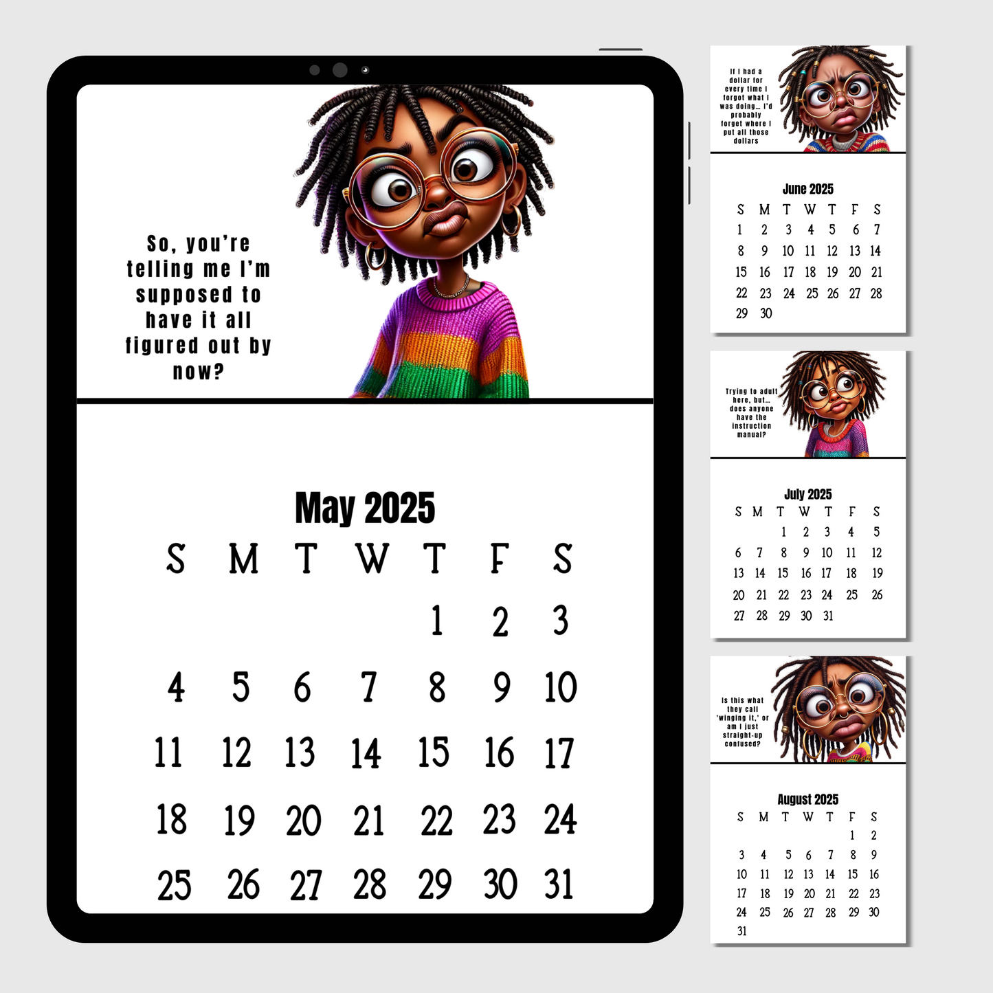 Dreadfully Confused 12-Month Printable Desktop Calendar Featuring African American Women - Funny Quotes & Art