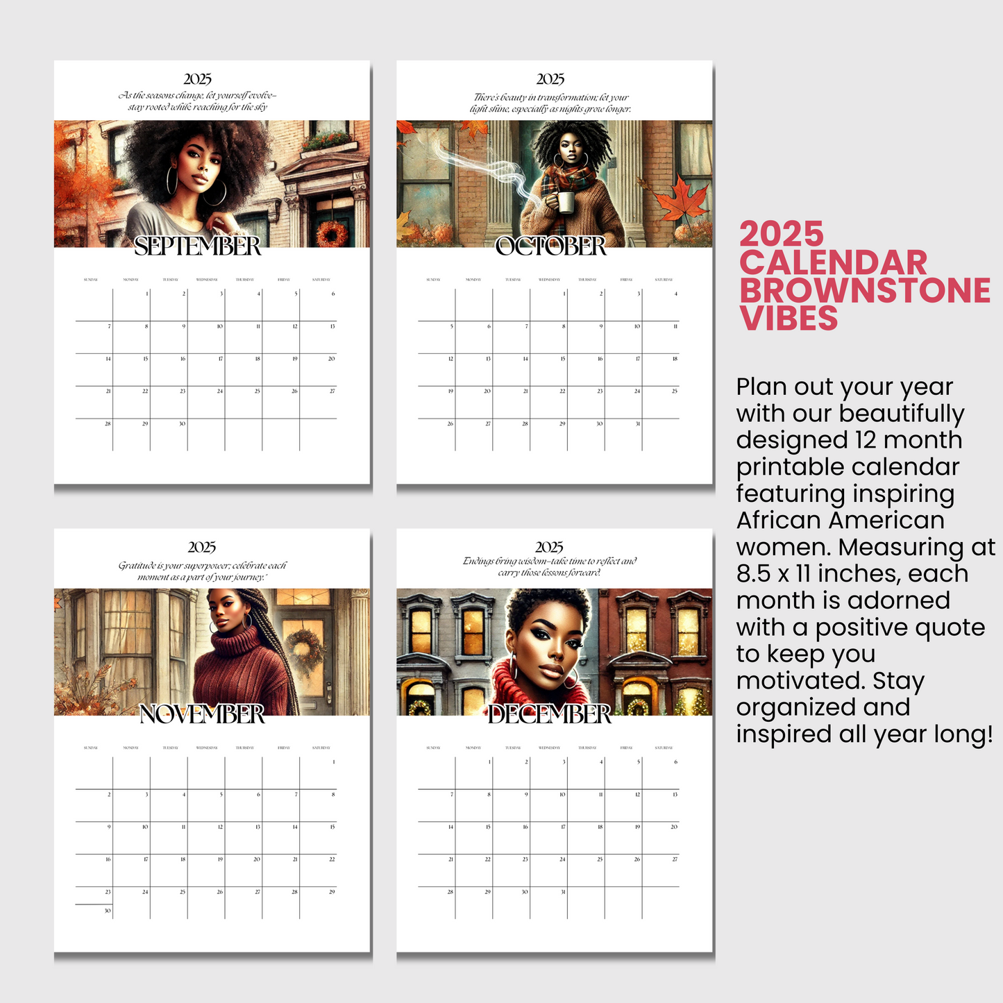 Empowering 12-Month Printable Calendar Featuring African American Women - Inspiring Quotes & Art for Every Season